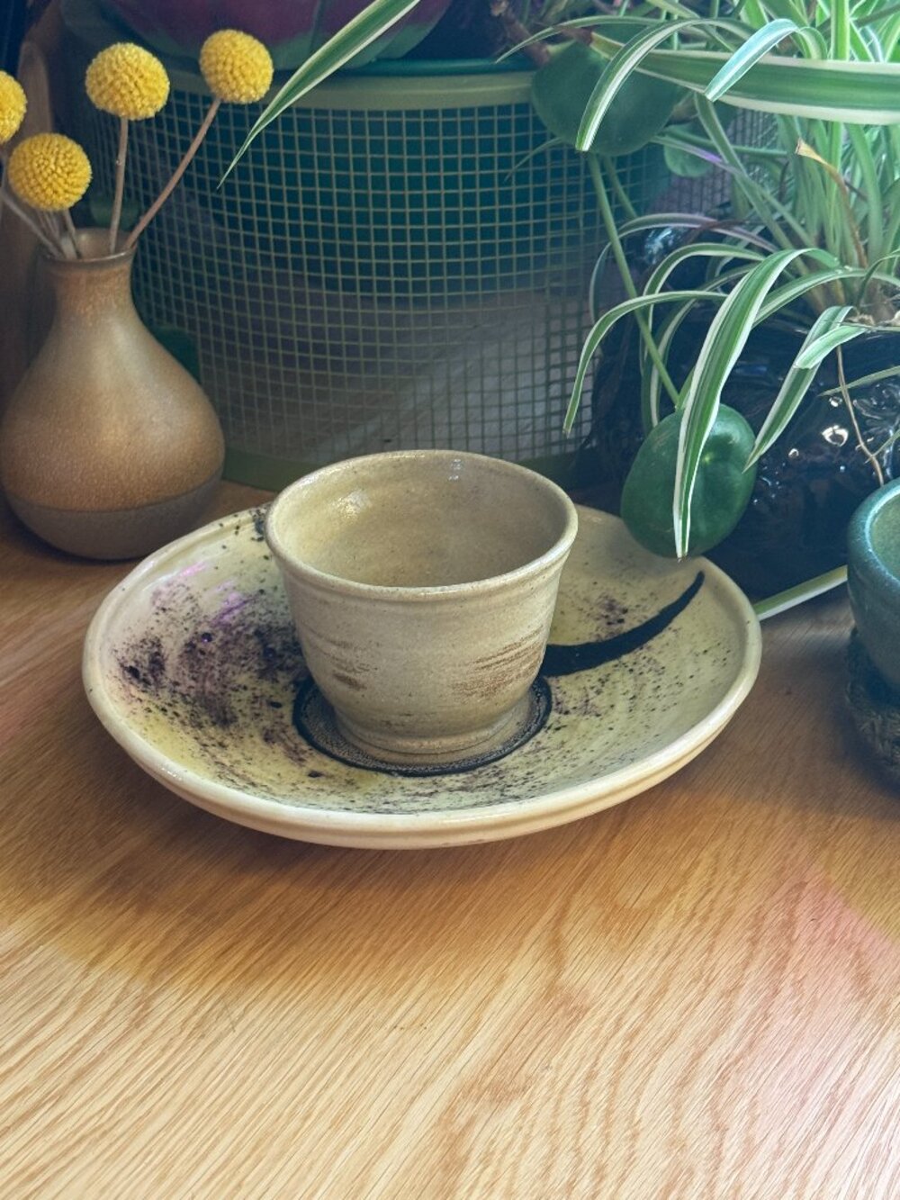 Stoneware Pottery Plate and Cup Serving Set, Circa 1990s